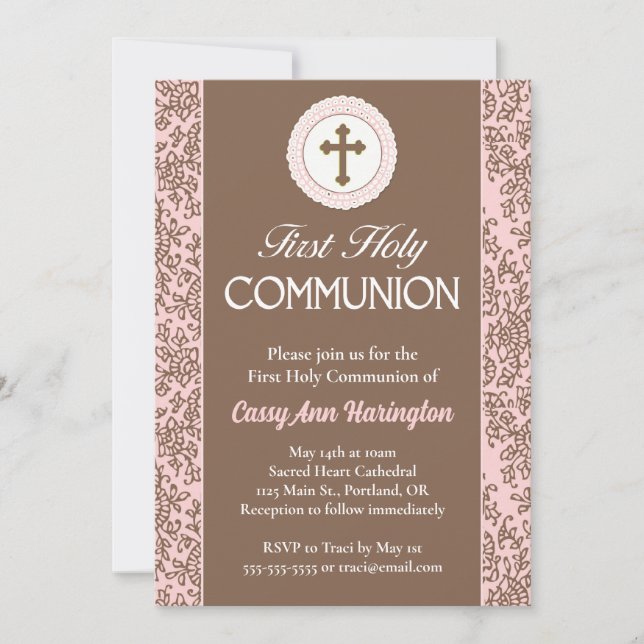 Pink and Brown Floral First Holy Communion Invitation (Front)