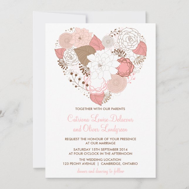 Pink and Brown Floral Heart Wedding Invitation (Front)
