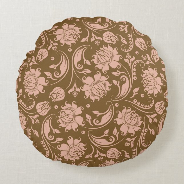 Pink and Brown Floral Pattern Round Pillow (Front)
