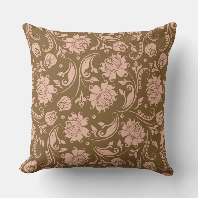 Pink and Brown Floral Pattern Throw Pillow (Front)