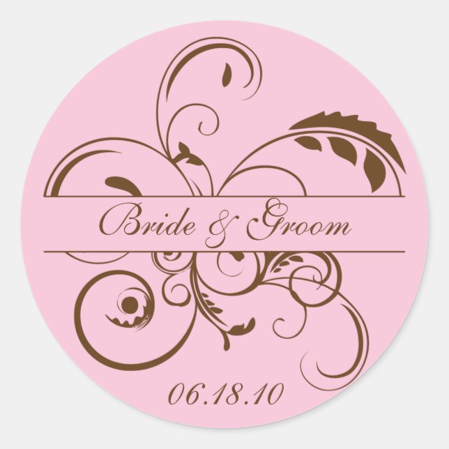 Pink and Brown Flourish Monogram Sticker Label (Front)