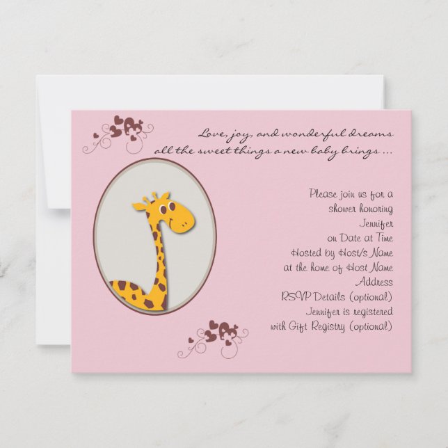 Pink and Brown Giraffe Baby Shower Invitation (Front)