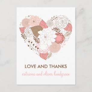 Pink and Brown Heart Flowers Thank You Postcard