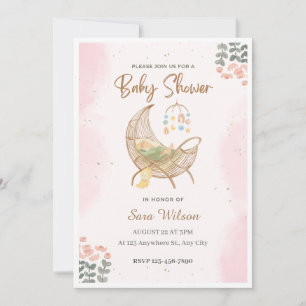 Pink and Brown Illustrative Baby Shower Invitation