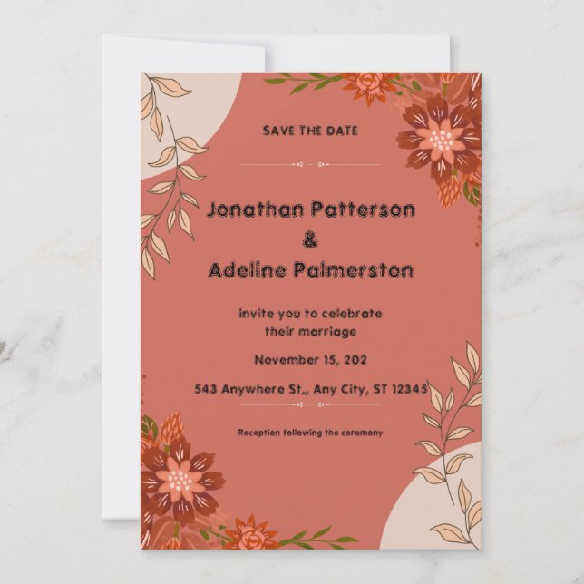 Pink and Brown Illustrative Wedding Invitation Car (Front)