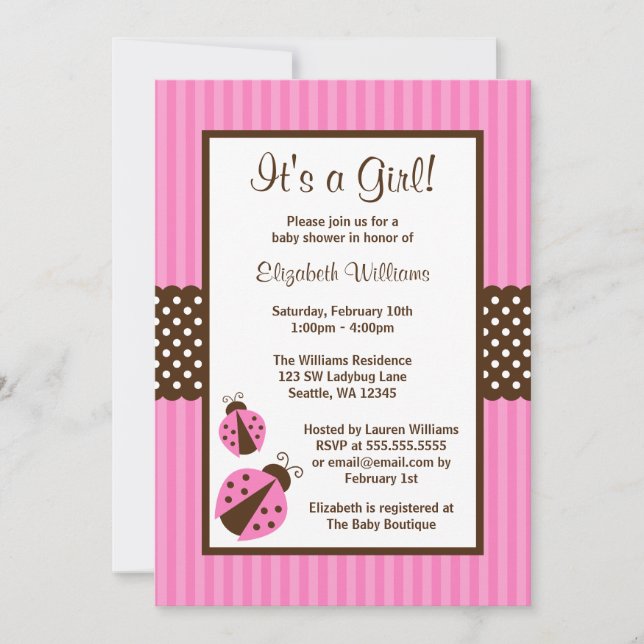 Pink and Brown Ladybug Striped Dots Baby Shower Invitation (Front)