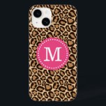 Pink and Brown Leopard Print Monogram Case-Mate iPhone 14 Case<br><div class="desc">Cute girly trendy chic leopard animal print pattern background and your custom personalized name monogram in a circle frame with polka dot border. Click the Customize It button to change fonts and colours to create your own unique one of a kind design.</div>