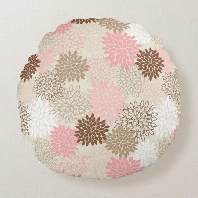 Pink And Brown Mum Pattern Round Pillow (Front)