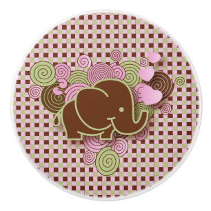 Pink and Brown Plaid with Elephant Ceramic Knob