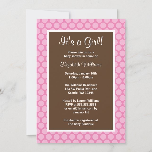 Pink and Brown Polka Dots Baby Shower Invitations (Front)