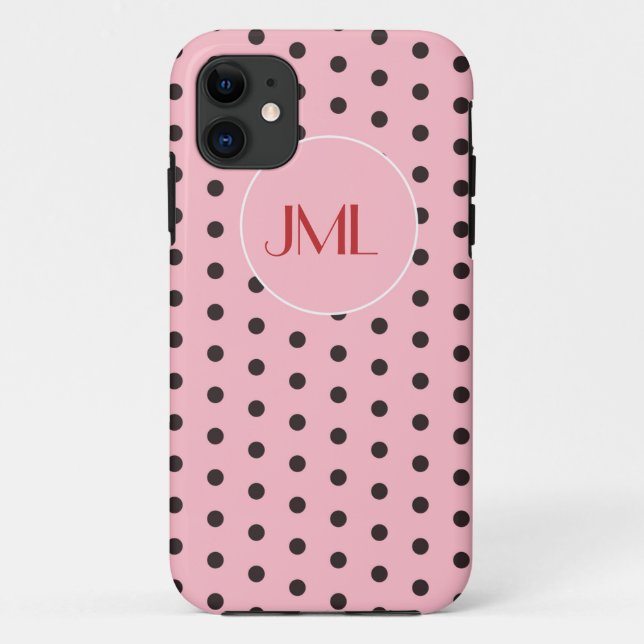 Pink and Brown Polka Dots Monogrammed Initials Case-Mate iPhone Case (Back)