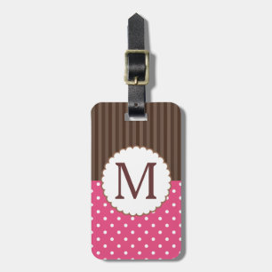 Pink And Brown Polka Dots Stripes Monogram Luggage Tag