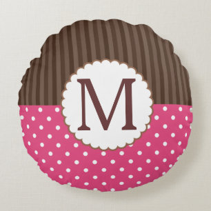 Pink And Brown Polka Dots Stripes Monogram Round Pillow