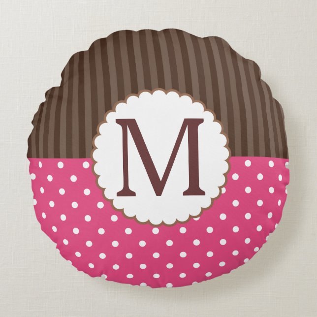 Pink And Brown Polka Dots Stripes Monogram Round Pillow (Front)