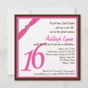 Pink and Brown Square Sweet Sixteen Invitation