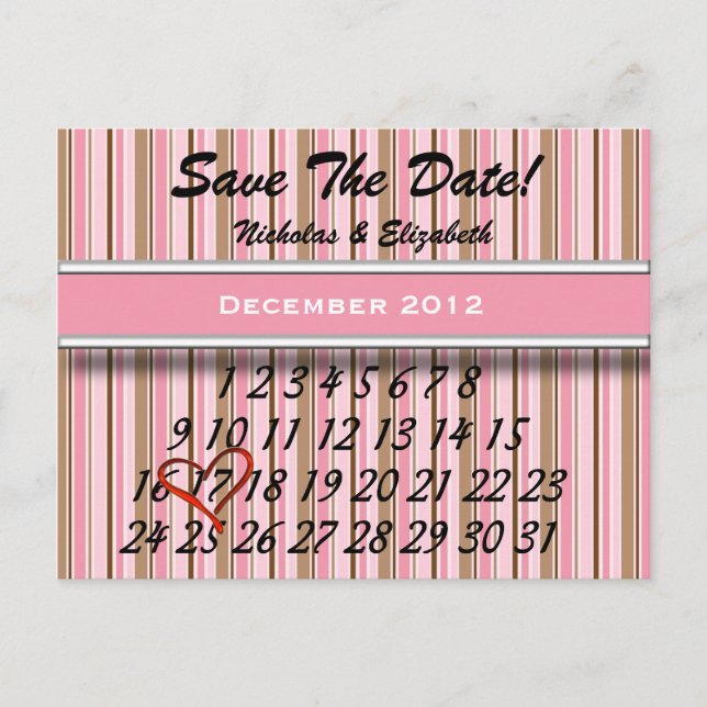 Pink and Brown Striped Save the Date Custom Caland Announcement Postcard (Front)