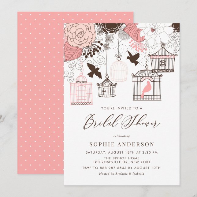 Pink and Brown Vintage Birdcages Bridal Shower Invitation (Front/Back)