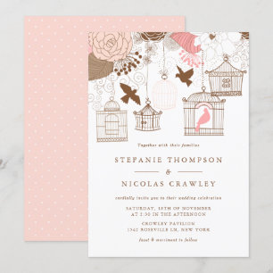 Pink and Brown Vintage Birdcages Wedding Invitation