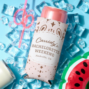 Pink and Brown Western Bachelorette Party Seltzer Can Cooler