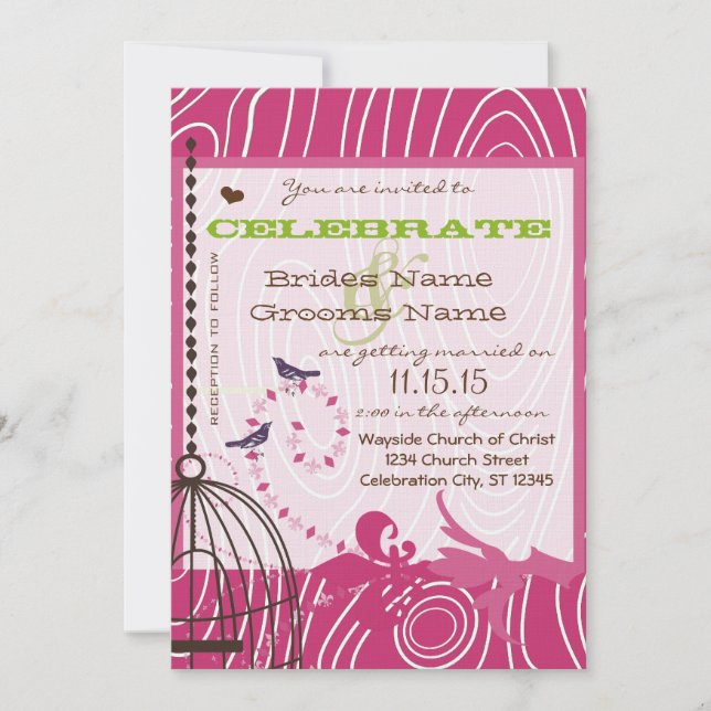PINK  and Brown Wood Grain Love Birds Apple Green Invitation (Front)