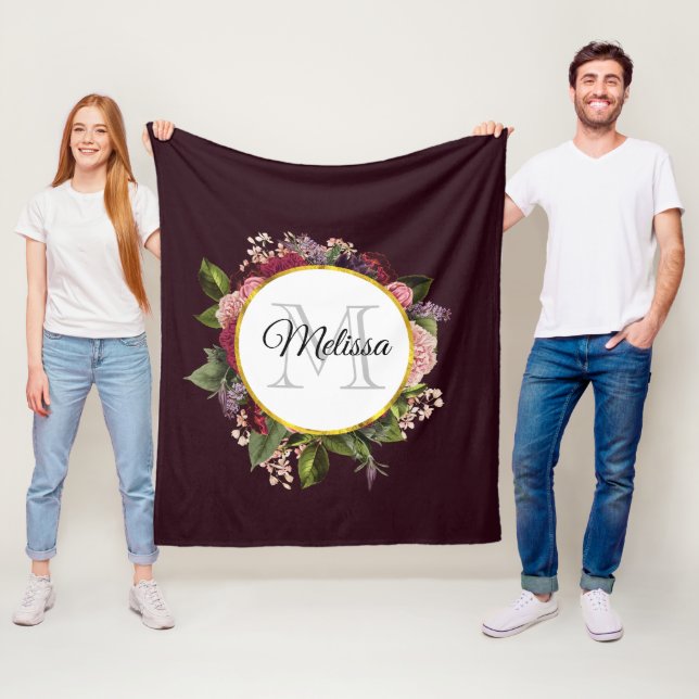 Pink and Burgundy Florals Monogram Fleece Blanket (In Situ)