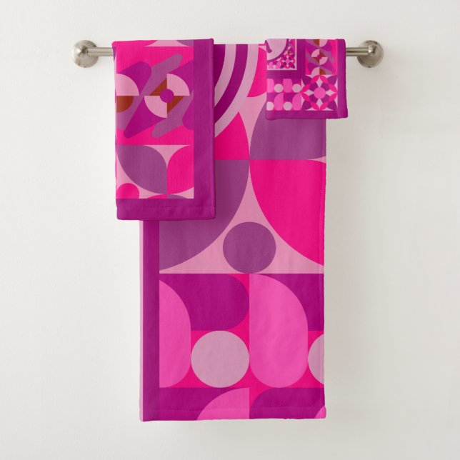 Pink and Burgundy Geometric Bauhaus Style  Bath Towel Set (Insitu)