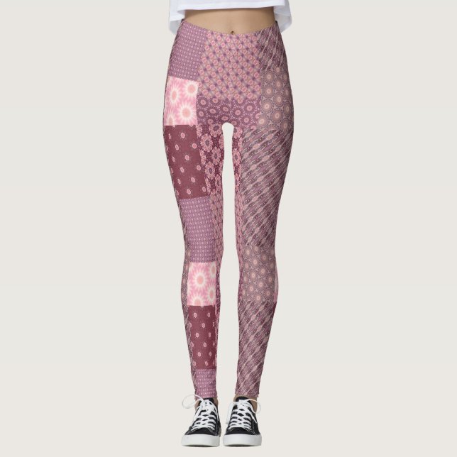Pink and Burgundy Patchwork Pattern Leggings (Front)