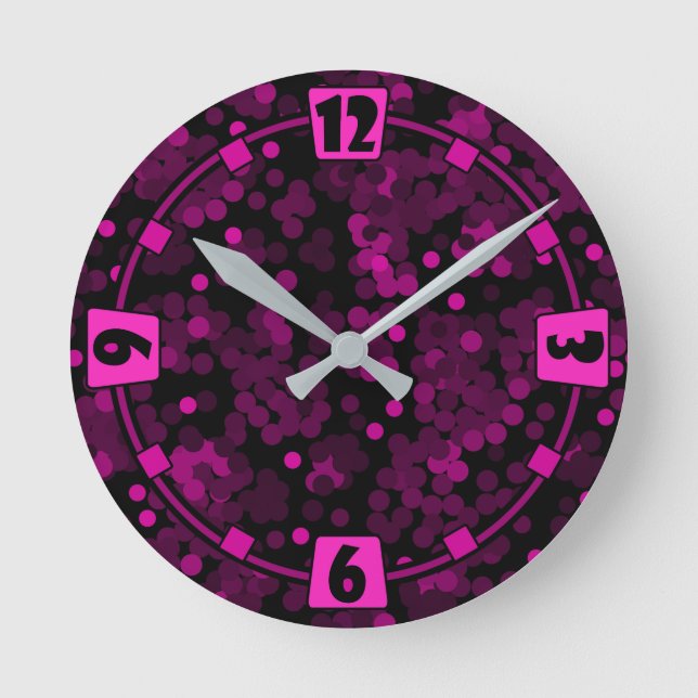 Pink and burgundy polka dot confetti pattern round clock (Front)