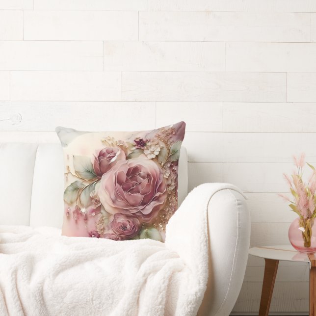 Pink and Burgundy Watercolor Rose Enlarged Throw Pillow (Couch)