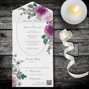Pink and Burgundy Watercolor Roses with QR Code All In One Invitation