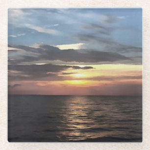 Pink and Cerulean Blue Artistic Ocean Sunrise Glass Coaster