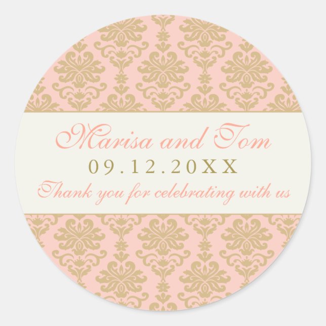 Pink and Champagne Damask Wedding Monogram Classic Round Sticker (Front)