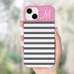 Pink and Charcoal Preppy Stripes Monogram Case-Mate iPhone 14 Case<br><div class="desc">Cute Modern Girly Trendy Chic Stylish Design with Preppy Horizontal Stripes and Solid Colour Block with Custom Personalized Monogram Initial Letter</div>