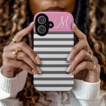 Pink and Charcoal Preppy Stripes Monogram iPhone 16 Case<br><div class="desc">Cute Modern Girly Trendy Chic Stylish Design with Preppy Horizontal Stripes and Solid Colour Block with Custom Personalized Monogram Initial Letter</div>