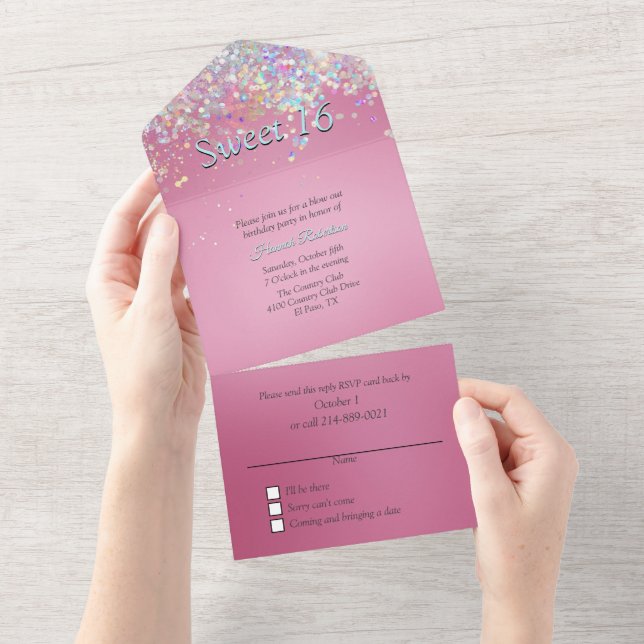 Pink and Confetti Sweet 16 All In One Invitation (Tearaway)