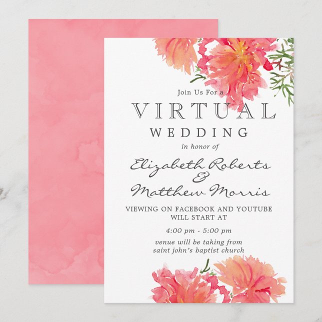Pink and Coral Dahlias Virtual Wedding Invitation (Front/Back)