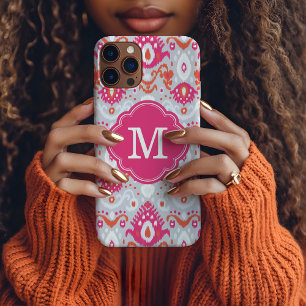 Pink and Coral Ikat Custom Monogram iPhone 15 Pro Max Case