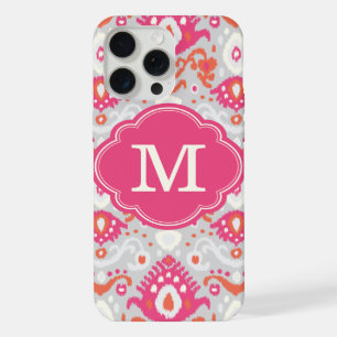 Pink and Coral Ikat Custom Monogram iPhone 15 Pro Max Case