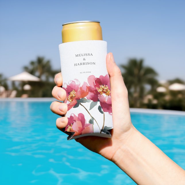 Pink and Coral Peony Wedding Seltzer Can Cooler (In Situ Pool)