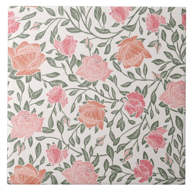 Pink and Coral Rose Seamless Design Tile 6x6 (Front)