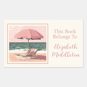 Pink and Cream Beach Chair and Umbrella Bookplate Sticker