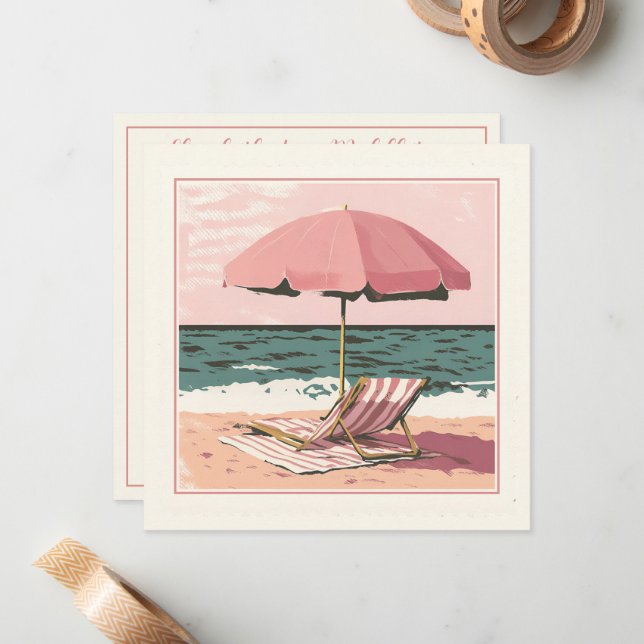 Pink and Cream Beach Chair and Umbrella Card (Front/Back In Situ)