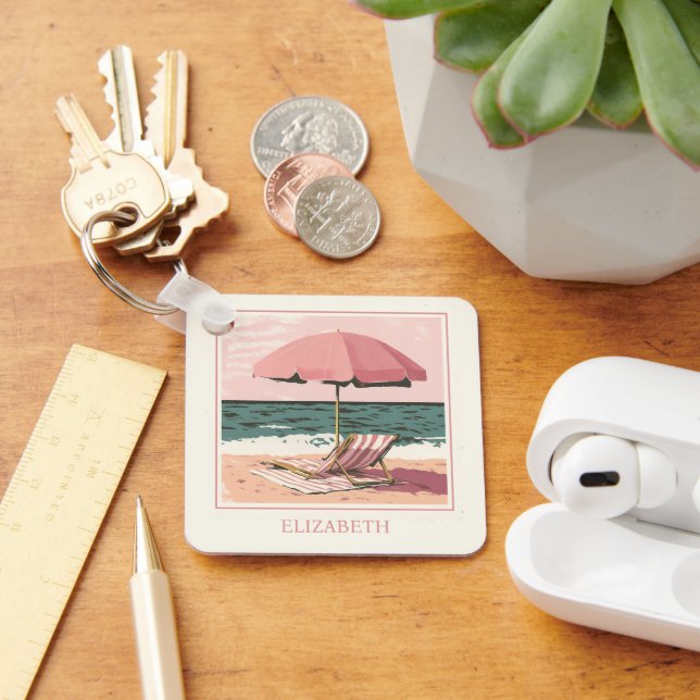 Pink and Cream Beach Chair and Umbrella Keychain (Desk)