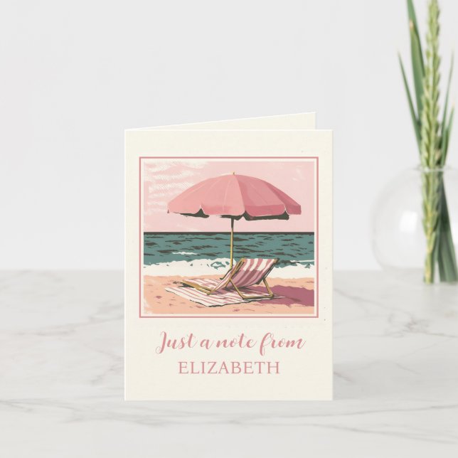 Pink and Cream Beach Chair and Umbrella Note Card (Front)