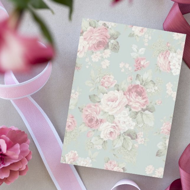 Pink and cream cabbage roses on aqua letterhead (Creator Uploaded)