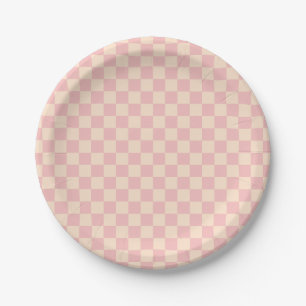 Pink and Cream Chequerboard Paper Plate