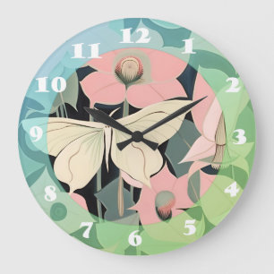 Pink and Cream - Luna Moth and Moonflowers Large Clock