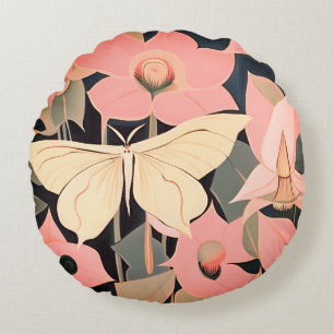Pink and Cream - Luna Moth and Moonflowers Round Pillow