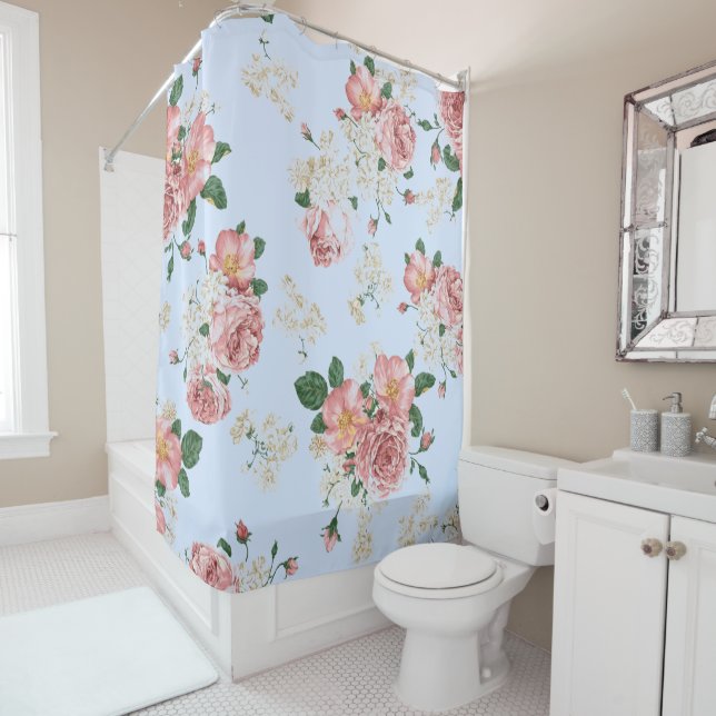 Pink and Cream on Blue Vintage Floral    (In Situ)