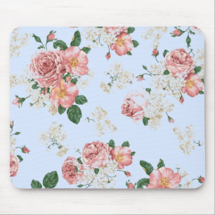 Pink and Cream on Blue Vintage Floral Mouse Pad